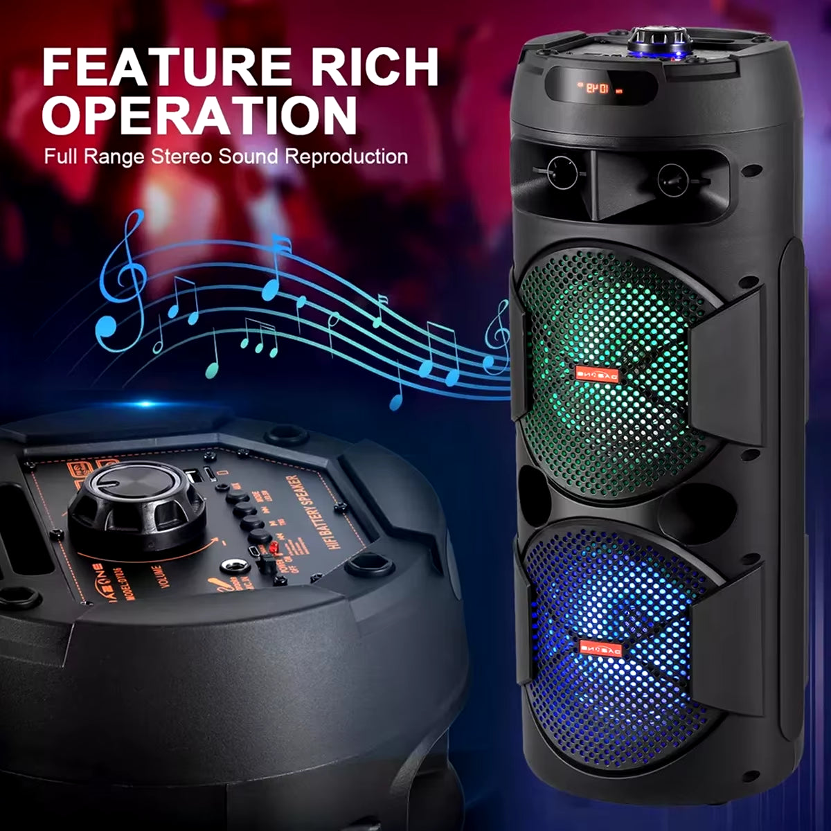Portable Dual 8" Woofer Wireless Speaker with LED Lights, Mic, and Powerful Bass - Rechargeable Home Audio System