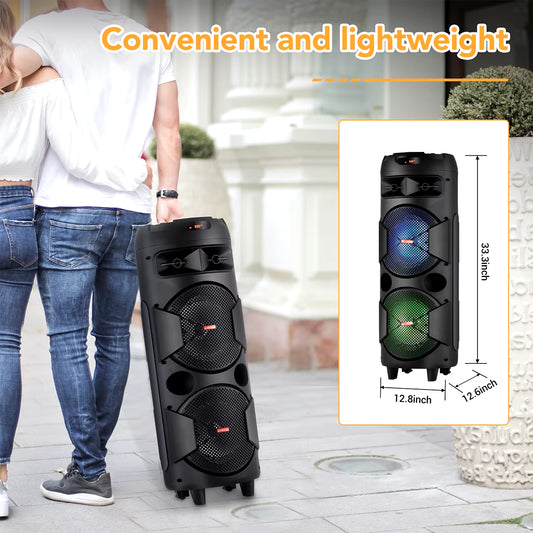 Portable Dual 8" Woofer Wireless Speaker with LED Lights, Mic, and Powerful Bass - Rechargeable Home Audio System