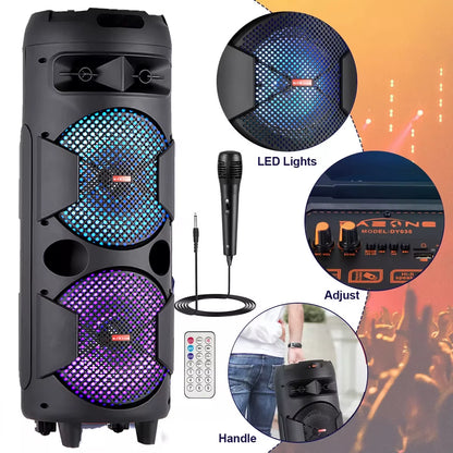 Portable Dual 8" Woofer Wireless Speaker with LED Lights, Mic, and Powerful Bass - Rechargeable Home Audio System
