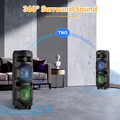 Portable Dual 8" Woofer Wireless Speaker with LED Lights, Mic, and Powerful Bass - Rechargeable Home Audio System