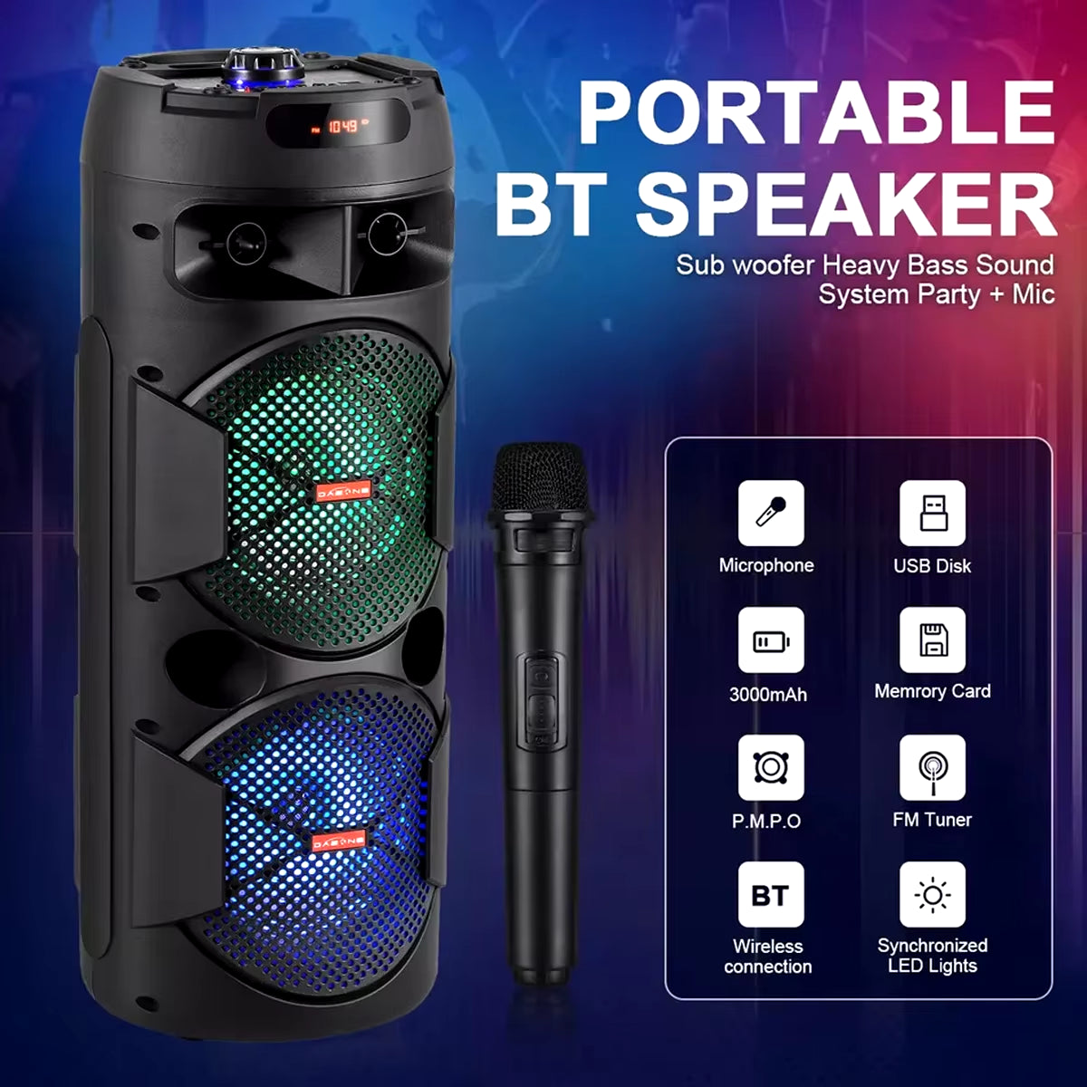 Portable Dual 8" Woofer Wireless Speaker with LED Lights, Mic, and Powerful Bass - Rechargeable Home Audio System